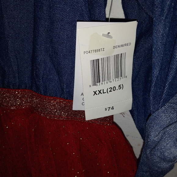Lilt Girls Plus 3/4 Roll Sleeve Denim Red Gold Glitter Mesh Dress Size XXL(20.5) - Picture 7 of 10